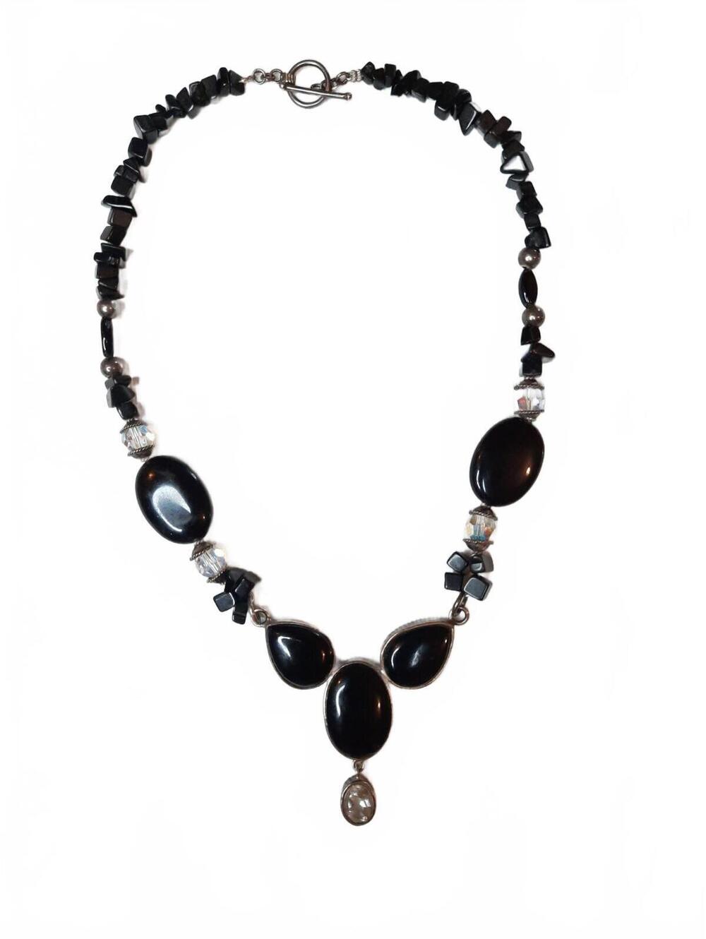 Vintage Circa 1970's Sterling Silver Crystal / Black Onyx Necklace 16.5"